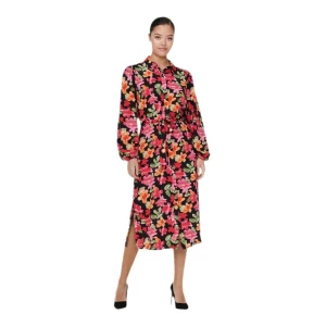 Jacqueline De Yong Abito Midi Donna Nero Floreale con Bottoni Maniche Lunghe in Poliestere 100% 15294908