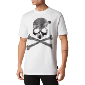 Philipp Plein T-Shirt Uomo Bianca Stampa Manica Corta Scollo Tondo 100% Cotone Primavera/Estate EBO_2063