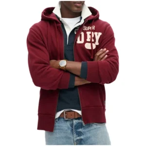 Superdry Felpa Uomo Bordeaux con Zip Cappuccio Stampa Maniche Lunghe Tasche Anteriori Effetto Consumato in Cotone 100% Autunno/Inverno M2014116A