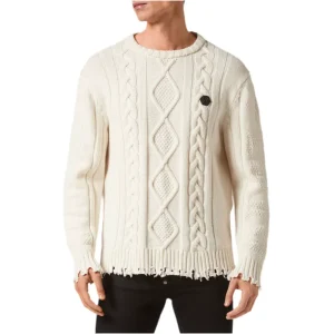 Philipp Plein Maglia Uomo Bianca Effetto Strappato Maniche Lunghe Scollo Tondo in Lana 100% Autunno/Inverno EBO_2035