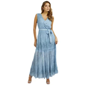 Guess Abito Lungo Donna Azzurro Floreale Smanicato con Scollo a V in Viscosa 76% Seta 24% B_45037