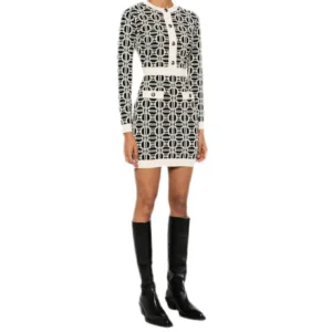 Elisabetta Franchi Abito Corto Donna con stampa logo jacquard, nei colori bianco avorio e nero e con Maniche Lunghe Scollo Tondo in Viscosa 65% Poliammide 35% B_44706