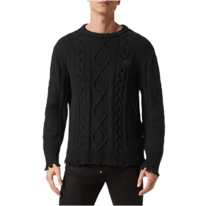 Philipp Plein Maglia Uomo Nera Effetto Strappato Maniche Lunghe Scollo Tondo in Lana 100% Autunno/Inverno EBO_2036