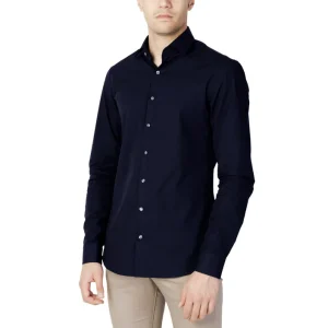 Calvin Klein Camicia Uomo Blu Monocromo Manica Lunga Bottoni 100% Cotone Primavera/Estate K10K103025