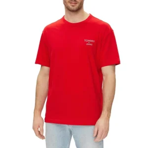 Tommy Hilfiger Jeans T-Shirt Uomo Rossa Maniche Corte Scollo Tondo Cotone 100% DM0DM18872