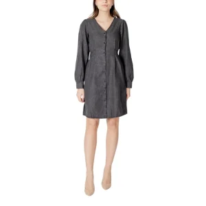 Ichi Abito Corto Donna Nero Melange con Bottoni Maniche Lunghe Scollo a V in Cotone 100% 20122617