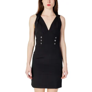 Guess Abito Corto Donna Nero in Poliestere 88% Smanicato con Cerniera Scollo a V W3GK52WB4H2
