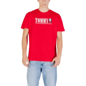Tommy Hilfiger Jeans T-Shirt Uomo Rossa Stampa Manica Corta Scollo Tondo Cotone Organico 100% Primavera/Estate DM0DM21941