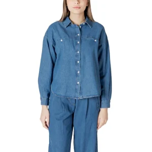 Ichi Camicia di Jeans Donna Azzurro Manica Lunga Bottoni Scollo Tondo Colletto Classico Tasche Anteriori 100% Cotone Autunno/Inverno 20122389