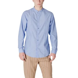 Gianni Lupo Camicia Uomo Azzurro Manica Lunga Bottoni Scollo Tondo Colletto alla Coreana 60% Cotone 40% Poliestere Primavera/Estate GL201WL