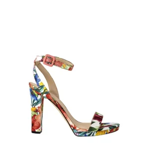 Guess Sandali Donna Bianco Floreale Fibbia Tacco Largo Punta Tonda 100% Poliestere Primavera/Estate FL6KL3SAT03