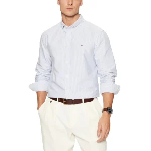 Tommy Hilfiger Camicia Uomo Azzurra a Righe Maniche Lunghe - Camicia Cotone Organico Bottoni