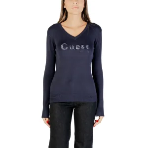 Guess Maglia Donna Blu con Strass Maniche Lunghe Scollo a V - Maglia Viscosa Poliammide Elastan