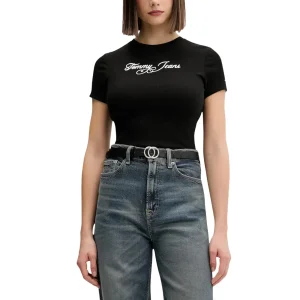Tommy Hilfiger Jeans T-Shirt Donna Nero Stampa Maniche Corte Scollo Tondo Cotone Organico 95% Elastan 5% Primavera Estate DW0DW21838