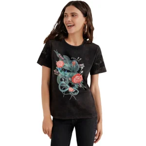 Desigual T-Shirt Donna Nera Stampa Manica Corta Scollo Tondo 100% Cotone Primavera/Estate 22SWTK19