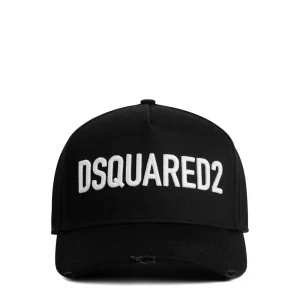 Dsquared2 Cappello Uomo Nero Stampa Effetto Consumato Cotone 100% Primavera Estate V_30790