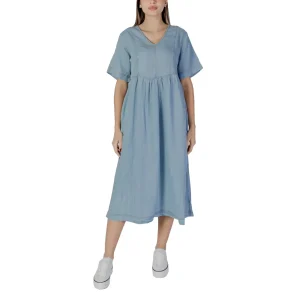 B.young Abito Midi Donna Azzurro Monocromo con Maniche Corte Scollo a V in Cotone 100% 20813123