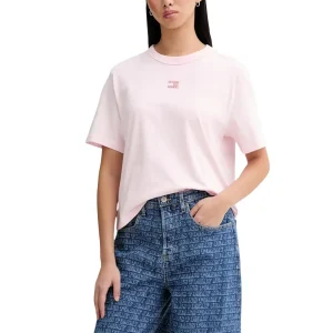 Tommy Hilfiger Jeans T-Shirt Donna Rosa Maniche Corte Scollo Tondo Cotone Organico 100% Primavera Estate DW0DW22202