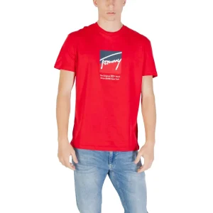 Tommy Hilfiger Jeans T-Shirt Uomo Rossa Stampa Maniche Corte Scollo Tondo Cotone Organico 100% DM0DM21940