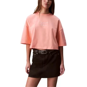 Calvin Klein Jeans T-Shirt Donna Albicocca Rosa Manica Corta Scollo Tondo Cotone 100% Autunno Inverno LV047C202G