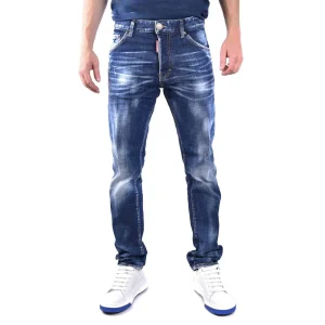 Dsquared2 Jeans Uomo Blu Monocromo Effetto Consumato in Cotone 98% Elastan 2% con Zip e Bottone Tasche Anteriori e Posteriori V_29570
