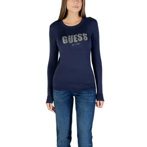 Guess Maglia Donna Blu con Stampa e Strass in 82% Viscosa 16% Poliammide 2% Elastan a Manica Lunga Scollo Tondo W5BR40 Z2NQ2