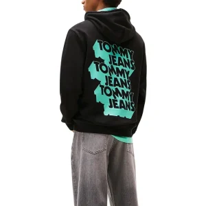 Tommy Hilfiger Jeans Felpa Cappuccio Uomo Nero Stampa Maniche Lunghe Tasca Esterna Cotone Organico 100% Autunno Inverno DM0DM21625