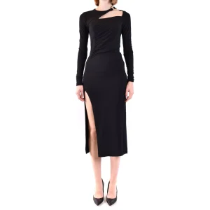 Dondup Abito Midi Donna Nero con Maniche Lunghe e Spacco Scollo Tondo in Viscosa 93% Elastan 7% V_29996