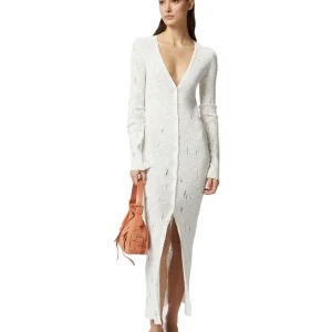 Pinko Abito Lungo Donna Bianco con Bottoni Maniche Lunghe Scollo V - Abito Cotone Nylon