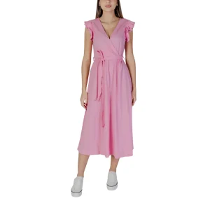 B.young Abito Midi Donna Rosa Monocromo Smanicato con Lacci Scollo a V in Cotone 100% 20813295