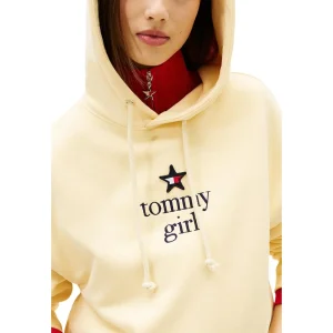 Tommy Hilfiger Jeans Felpa Donna Beige Cappuccio Maniche Lunghe Scollo Tondo Tasche Anteriori Cotone Organico 100% Primavera Estate DN0DN00099