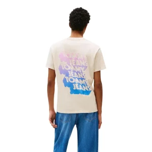 Tommy Hilfiger Jeans T-Shirt Uomo Beige Stampa Manica Corta Scollo Tondo Cotone Organico 100% Autunno Inverno DM0DM21589