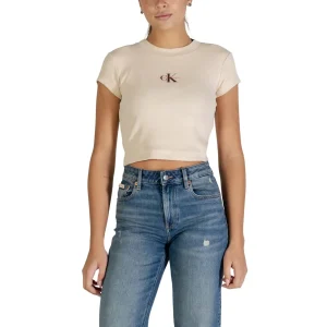 Calvin Klein Jeans T-Shirt Donna Beige Maniche Corte Scollo Tondo Cotone 95% Elastan 5% Primavera Estate WH7_15754800127_BEIGE