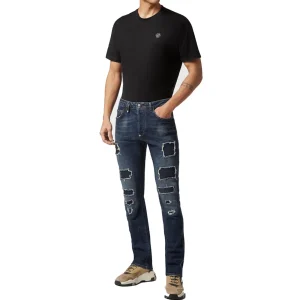 Philipp Plein Jeans Uomo Blu Effetto Strappato e Consumato in Cotone 98% Elastan 2% con Zip e Bottone Tasche Anteriori e Posteriori EBO_2054