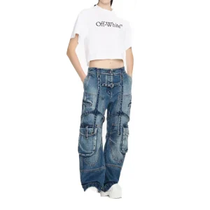 Off-white Jeans Donna Blu con Zip Bottone Tasche Anteriori Posteriori Effetto Consumato in Cotone 100% Primavera/Estate EBO_2126
