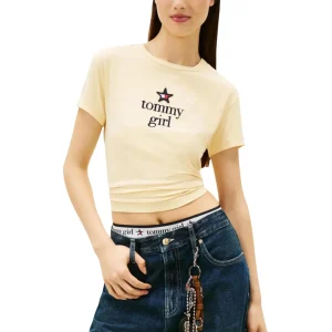 Tommy Hilfiger Jeans T-Shirt Donna Bianco Stampa Maniche Corte Scollo Tondo Cotone Organico 95% Elastan 5% Primavera Estate DN0DN00094