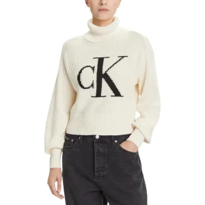 Calvin Klein Jeans Maglia Donna Bianca con Stampa Maniche Lunghe Scollo Alto - Maglia Cotone