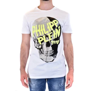 Philipp Plein T-Shirt Uomo Bianca Stampa Manica Corta Scollo Tondo 100% Cotone Primavera/Estate B_41211