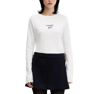 Tommy Hilfiger Jeans Maglia Donna Bianco Maniche Lunghe Scollo Tondo Cotone Organico 100% Primavera Estate DW0DW22499