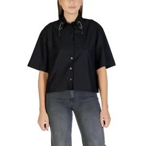 Colcci Camicia Donna Nera Bottoni Maniche Corte Scollo Tondo Colletto Classico - Camicia Cotone Modal Viscosa