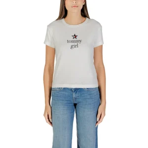 Tommy Hilfiger Jeans T-Shirt Donna Bianca Stampa Maniche Corte Scollo Tondo Cotone Organico 95% Elastan 5% DN0DN00067
