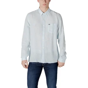Lacoste Camicia Uomo Azzurro Manica Lunga Bottoni Scollo Tondo Colletto Classico Tasca Singola 100% Lino Primavera/Estate CH5692-00