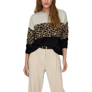 Only Maglione Donna Beige Leopardato Maniche Lunghe Scollo Tondo - Maglione Acrilico Poliestere