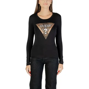 Guess T-Shirt Donna Nero Stampa Maniche Lunghe Scollo Tondo Cotone 95% Elastan 5% W5BI75 J1314