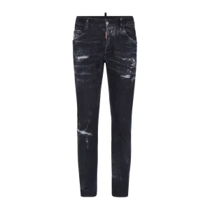 Dsquared2 Jeans Uomo Neri con Bottoni Effetto Strappato Macchiato Tasche Anteriori Posteriori - Jeans Cotone Elastan
