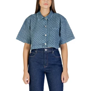 Colcci Camicia Jeans Donna Azzurro Fantasia Geometrica Bottoni Maniche Corte Scollo Tondo Colletto Classico Tasca - Camicia Cotone
