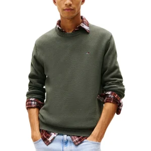 Tommy Hilfiger Jeans Maglia Uomo Verde Scollo Tondo Manica Lunga Cotone Organico Autunno Inverno DM0DM21787