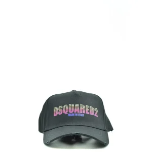 Dsquared2 Cappello Uomo Nero Stampa Effetto Consumato 100% Cotone Baseball Cap Autunno/Inverno V_30794