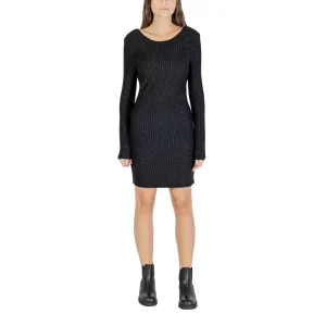 Jacqueline De Yong Abito Corto Donna Nero Gessato con Maniche Lunghe Scollo Tondo in Poliestere 92% Elastan 5% Sintetico 3% 15359902