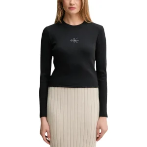 Calvin Klein Jeans Maglia Donna Nera in 95% Cotone 5% Elastan con Stampa a Manica Lunga con Scollo Tondo LV047A803G